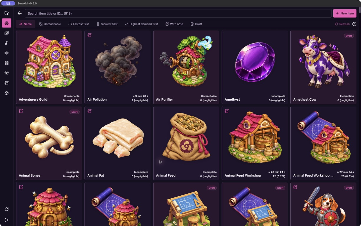 The Serakki Editor showing a catalog of buildings, resources, tools, and creatures.