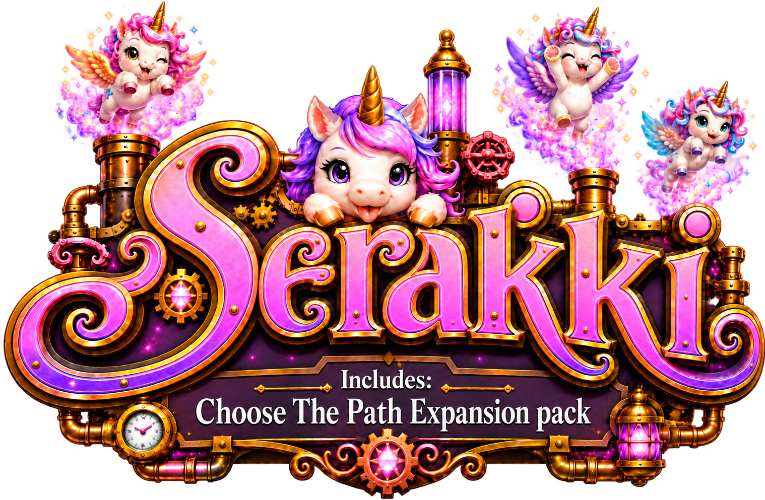 Serakki, with pink-maned unicorns, golden machinery, and a slightly excessive amount of magic.